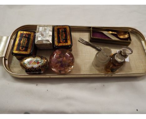 A mixed selection to include mother of pearl box, gilt spoons, miniature cash boxes, pickle fork, perfume decanter, trinket b