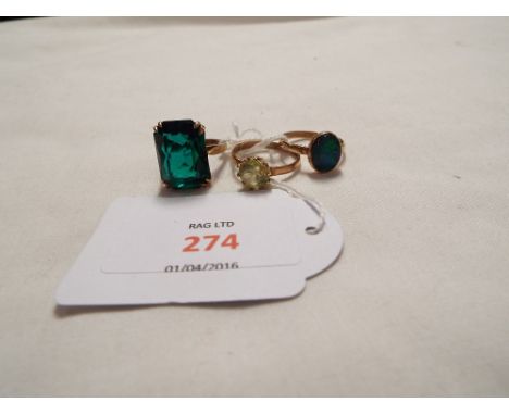 Three 9ct gold rings set with assorted stones, sizes O & K  One possibly opal doublet/triplet, other two possibly glass. Tiny