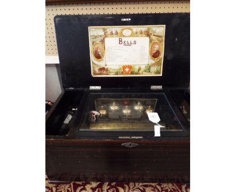 A Swiss reproduction rosewood satinwood cased music box playing twelve airs striking on five bells four with insect gongs in 