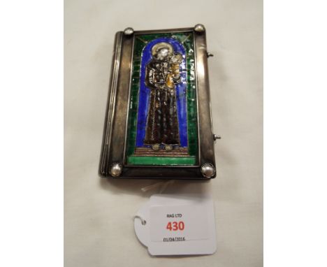 A late 19thC 'The Order of Morning Prayer' book, bound with white metal covers each having coloured enamel panels one depicti