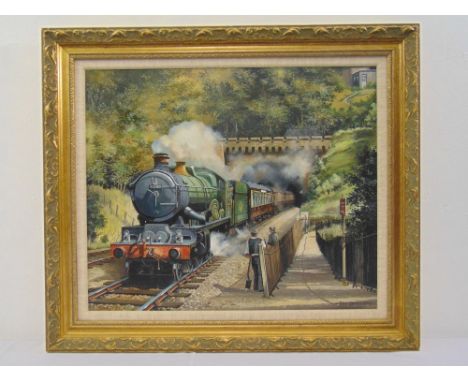 Ken Hankin framed oil on canvas of a steam engine coming out of a tunnel, signed bottom right, 49 x 59cm