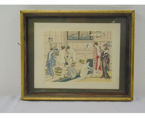 A framed and glazed polychromatic print of Geishas in a bath house, 13.5 x 18cm