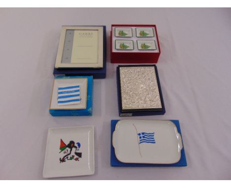 A quantity of collectables to include a Miro ceramic dish, a Carrs silver hallmarked photograph frame, a Harrods silver telep
