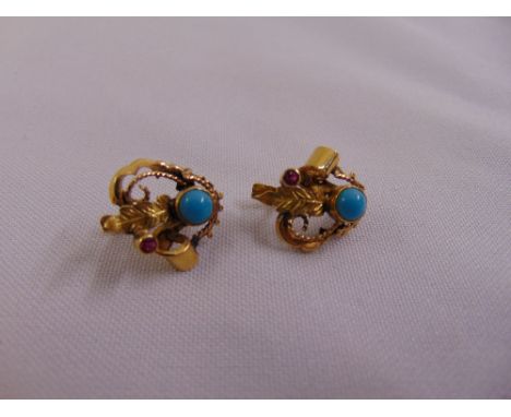 A pair of 14ct yellow gold turquoise and ruby earrings, approx total weight 3.9g