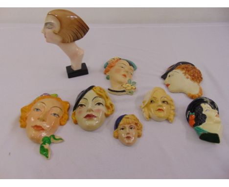 Eight polychromatic Art Deco style ceramic wall plaques in the form of ladies heads