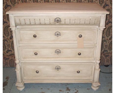 COMMODE, 19th century French Napoleon III traditionally grey painted with four long drawers and pillars, 99cm x 52cm D x 97cm