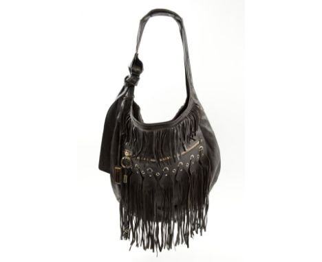 JIMMY CHOO FRINGE HOBO BAG, brown soft leather, light tone tone hardware, front zip pocket with studs, one handle with knot o