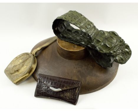 VINTAGE CROCODILE SKIN BELT, 126cm L, a Ralph Lauren crocodile sun glasses case, a snakeskin purse, and an old hat makers for