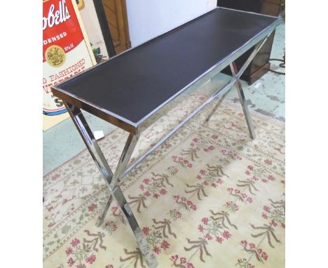 CONSOLE TABLE, polished metal, black top, 41cm D x 121cm W x 86cm H. 