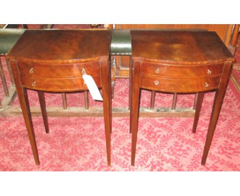 BEDSIDE/LAMP TABLES, a pair, George III design flame mahogany and boxwood line inlaid each bowfronted with two drawers, 45cm 