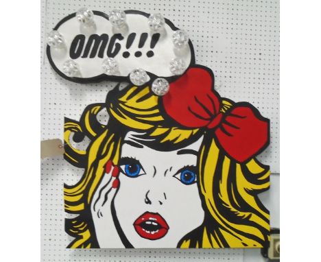 'OMG!!!' SIGNAGE POP ART, stylised women with statement emblazoned in a speech bubble with a black typography light up detail