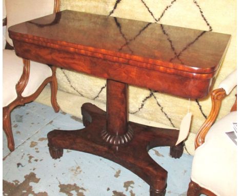 CARD TABLE, Regency flame mahogany with foldover baize lined top, pillar and quadrapartite base, 74cm H x 91cm x 45cm. 