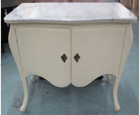 COMMODE, Louis XV style, cream painted, with a serpentine white marble top above two doors, 94cm H x 100cm W x 60cm D. 