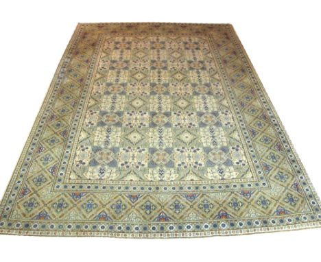 VINTAGE KASHAN CARPET, 376cm x 270cm, tiled design of organic and geometric medallions within corresponding guard stripes and