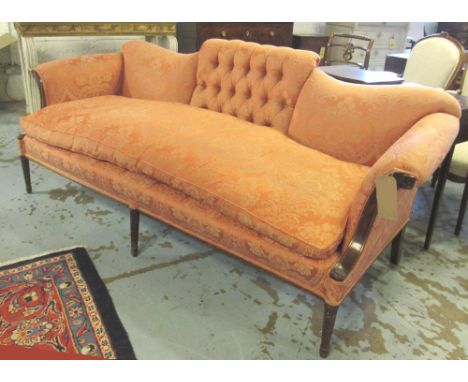 SOFA, George III style with salmon floral patterned upholstery on spiral twist turned front supports, 209cm L. (with faults)