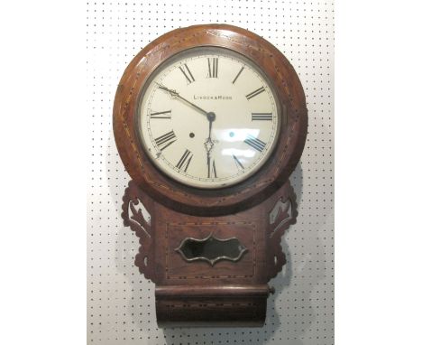 WALL CLOCK, Victorian walnut and inlaid with a Roman numeralled enamel dial, bears name Livock & Moss, Diss, 69cm H x 42cm W.