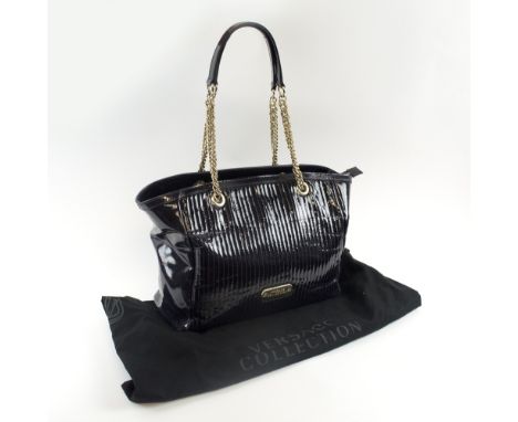 VERSACE COLLECTION EGGPLANT PATENT LEATHER TOTE, dark purple leather, zip closure, chain and leather handles, bottom feet, li