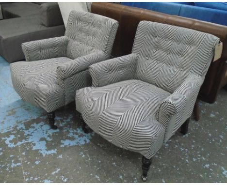 CLUB CHAIRS, a pair, button back, in herringbone frabric, on front castors, 75cm W. (2)
