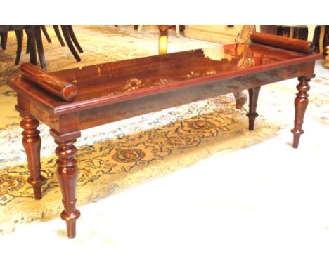 HALL BENCH, Victorian design, mahogany, on turned legs, 116cm W x 35cm D.