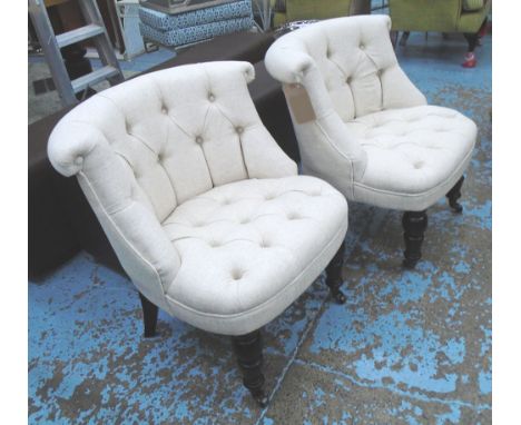 BEDROOM CHAIRS, a pair, button back, in oatmeal fabric, on castors, 70cm W. (2)