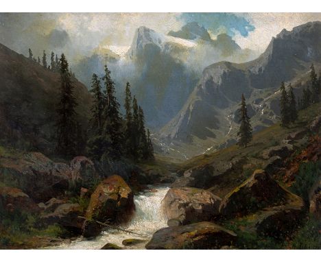 Schultze, Robert1828 Magdeburg - 1910 MünchenBergbach in den Alpen Öl auf Holz · 25,5 x 34 cm. Unten rechts signiert: R. Schu
