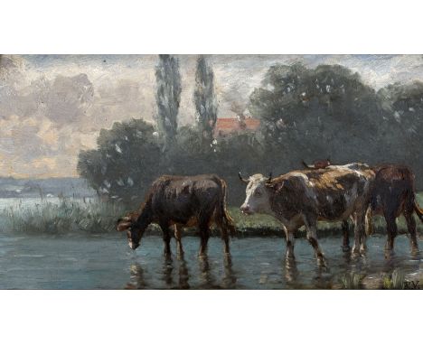 Voltz, Richard1859 München - 1933 EbendaKühe am See · 1892. Öl auf Holz · 16,5 x 29,3 cm. Unten rechts monogrammiert: R. V. (
