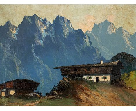 Grossmüller, RudolfDeutsch, 20. Jh.Bergbauernhof Öl auf Rupfen · 87 x 115 cm. Unten rechts signiert: R. GROSSMÜLLER. Verschmu