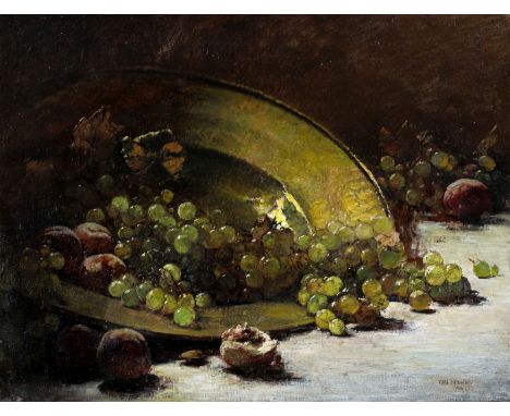 Anonymer Künstler19./20. Jh.Schale mit Weintrauben und Pfirsiche Öl auf Leinwand · 48,5 x 63 cm. Unten rechts später bezeichn