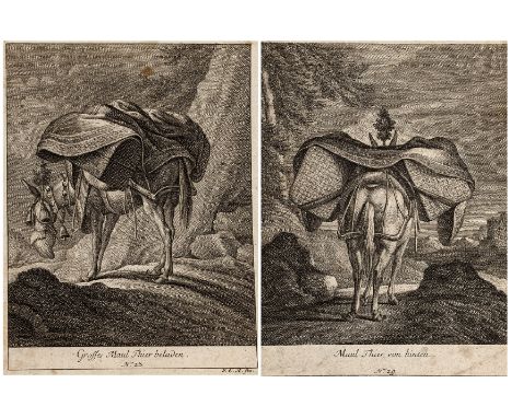 Ridinger, Johann Elias1698 Ulm - 1767 AugsburgKonvolut von 2 Kupferstichen: 1) "Grosses Maul Thier beladen", um 1760, 16,2 x 