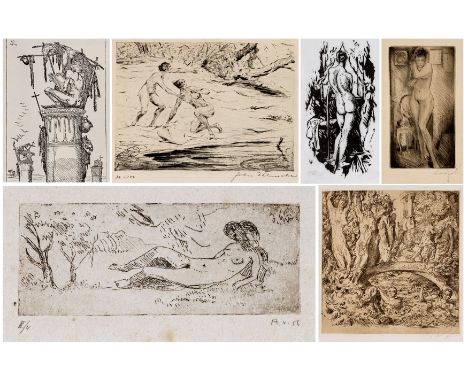 Konvolut von sechs Grafiken20. Jh.1) Wilhelmine Heise-Bittner (1899-1991), Weiblicher Rückenakt am Fenster, Holzschnitt auf J