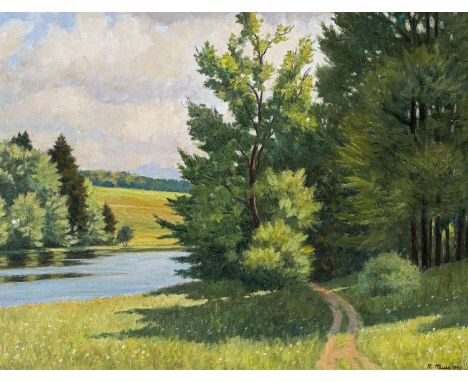 Hause, Rudolf1877 Strasburg, Provinz Westpreußen (heute: Brodnica, Polen) - 1961 MünchenSommerlandschaft am Fluss · 1943. Öl 