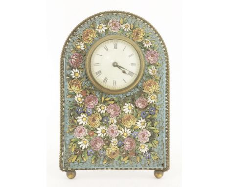 A Victorian mosaic inlaid table clock,the arched top with an enamelled dial, the face inlaid with flowers, with a brass beade