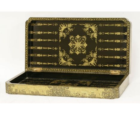 A Chinese export lacquer games box,late 19th century, folding in half, with chessboard, decorated with chinoiserie scenes, th