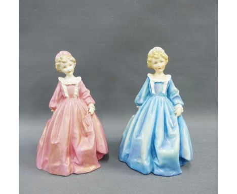 Two Royal Worcester 'Grandmother's Dress' figures by F.G. Doughty, one wearing a pink dress the other a blue dress, black pri