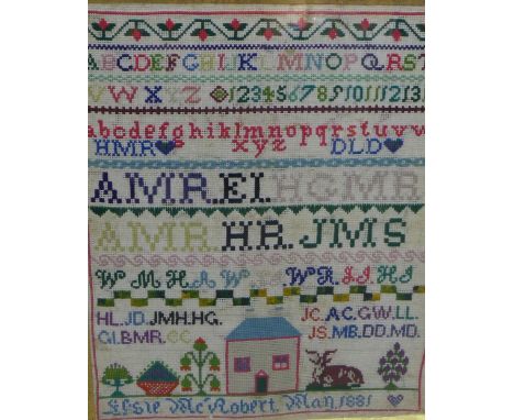 Alphabet sampler, worked by Elsie McRobert 1881, in giltwood frame, 40 x 50cm 