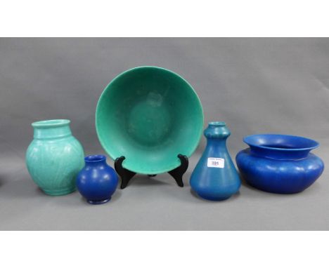 A collection of Pilkington Royal Lancastrian green and blue glazed pottery to include a vase with a garlic neck,  two bowls a