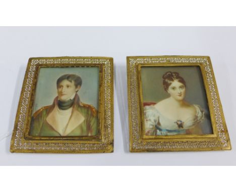 A pair of faux ivory portrait miniatures, in pierced gilt metal frames, 8 x 7cm (2) 