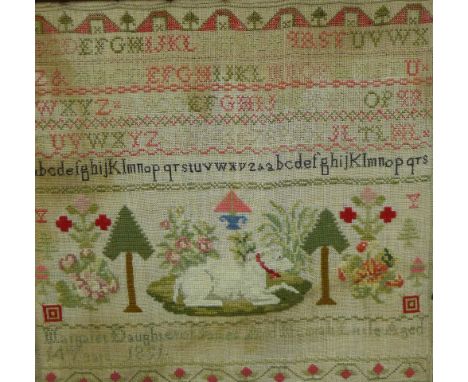 19th century alphabet sampler, worked by Margaret, aged 9 years 1881, framed, 42 x 42cm 