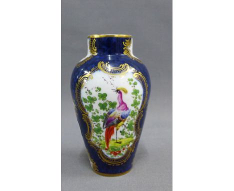 Worcester baluster vase with Fancy bird pattern and cobalt blue ground, 13cm high 