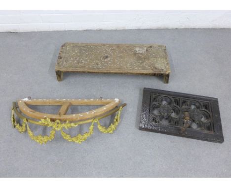 Mixed lot to include a pierced wooden plaque with candle scone, carved pine stool / tray and a gilt metal demi lune bracket (