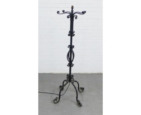 Black painted wrought iron standard lamp base, 155cm