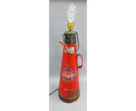 The Pioneer, a vintage fire extinguisher, modelled as a table lamp , later electrified and fitted with a bulb,  height includ