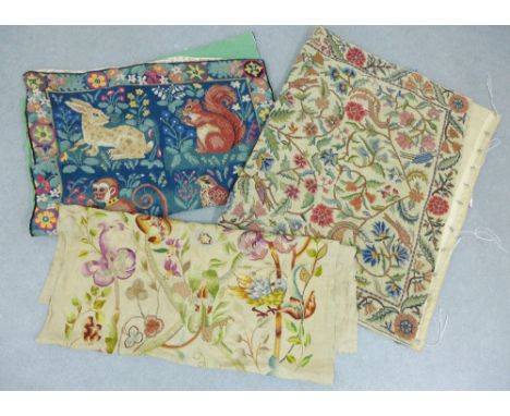 Collection of textiles to include a tapestry, bell pulls and a crewel panel, etc (a lot) 