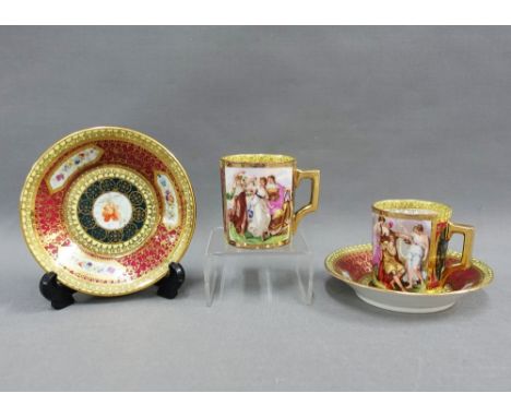 A pair of continental porcelain coffee cans and saucers with blue beehive backstamps, (4)