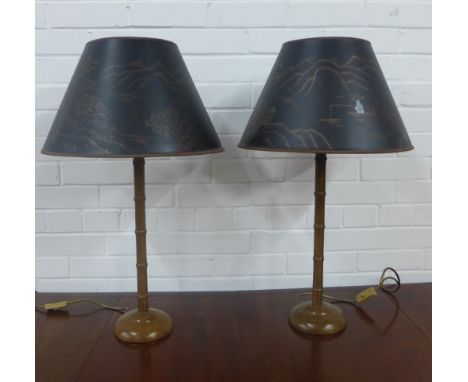 A pair of faux bamboo table lamp bases with chinoiserie shades, 54cm high (2) 
