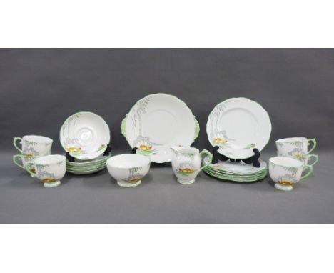 Roslyn fine bone china Lily pattern teaset comprising six cups, six saucers, six side plates, cake plate, cream jug and sugar