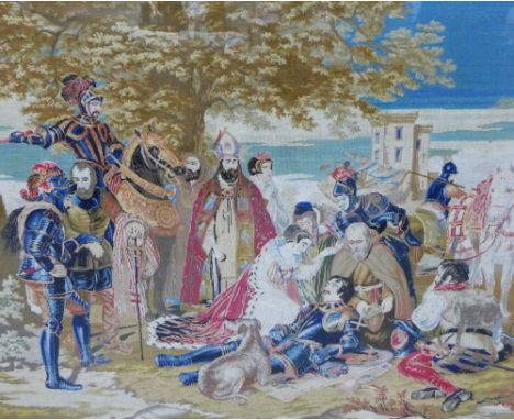 A tapestry depicting Mary Queen of Scots Mourning Over The Dying Douglas, framed under glass in a simulated rosewood frame wi