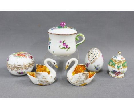 Dresden porcelain trinket jars, Paragon miniature jar and cover, a pair of Limoges salts and a Herend type cup and cover, (a 