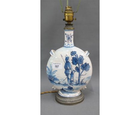 Continental pottery table lamp base painted with Huntsman, size excluding fitting 28cm 