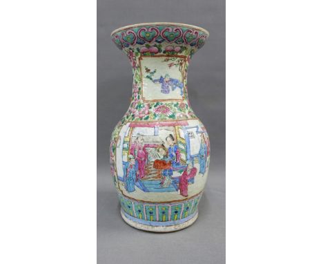 Chinese canton enamel baluster vase with a flared rim and painted with figures,(a/f with handles lacking), 33cm high 